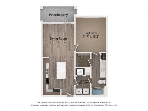 Floor plan for 1 bed, 1 bath, 730 sqft